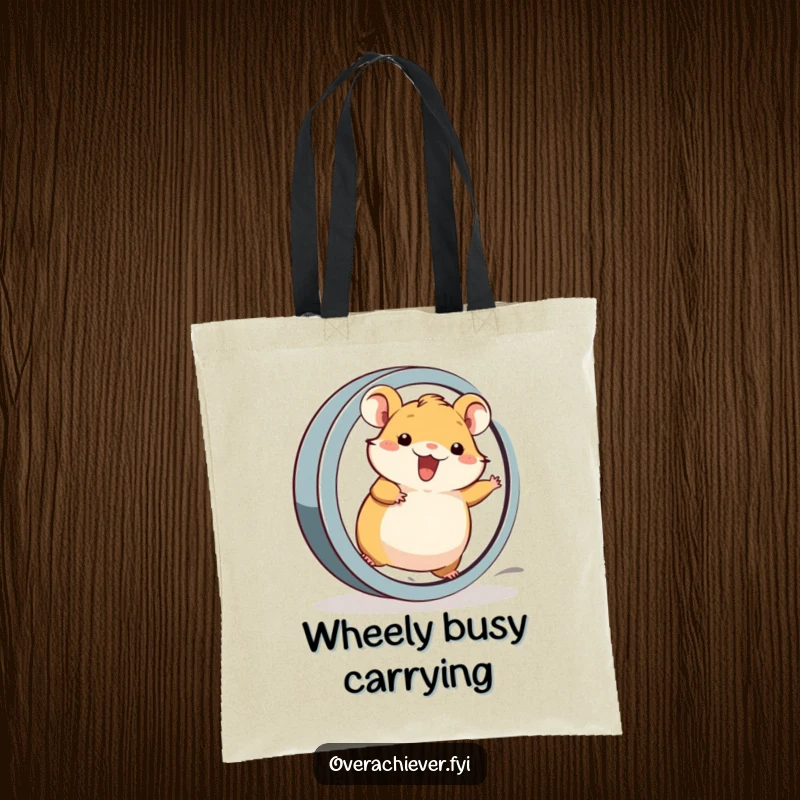 Funny Tote Bag: A cheerful hamster character proudly running at top speed on a very large exercise wheel, full of life.