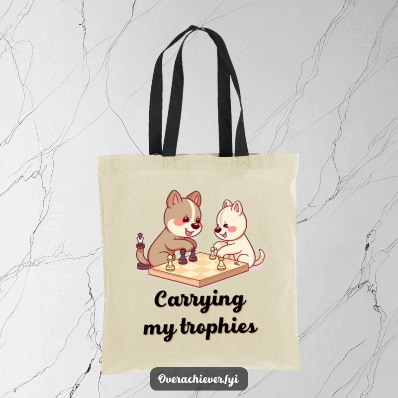 Funny kawaii dog character celebrating a chess victory against itself, a humorous and practical tote bag.