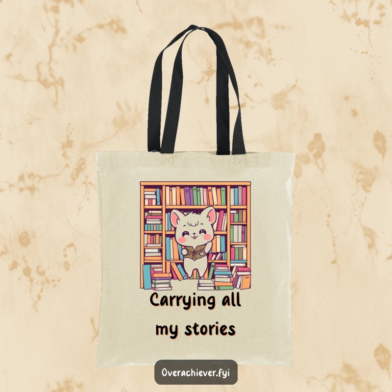 Funny animal tote bag, enthusiastically tidying a chaotic bookshelf, perfect for carrying treasures and showcasing organizational pride. A humorous accessory gift.