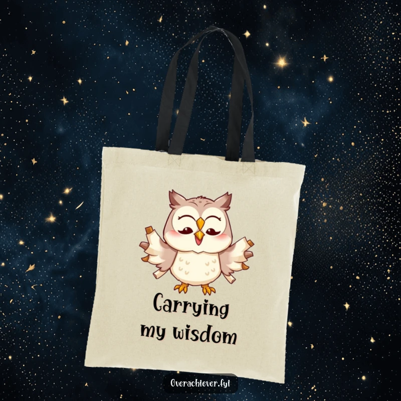 Funny cheerful owl character trying to multitask with too many scrolls unfurled, a spacious and humorous tote bag.