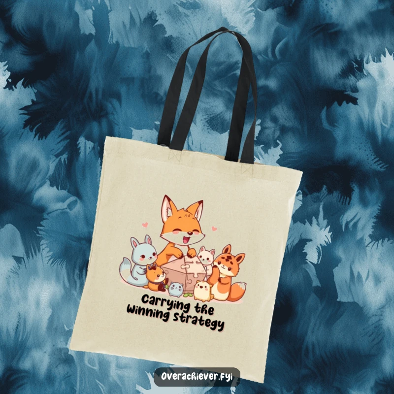 Funny tote bag design: An excited fox character guides smaller creatures as they work together on a challenging, engaging puzzle.