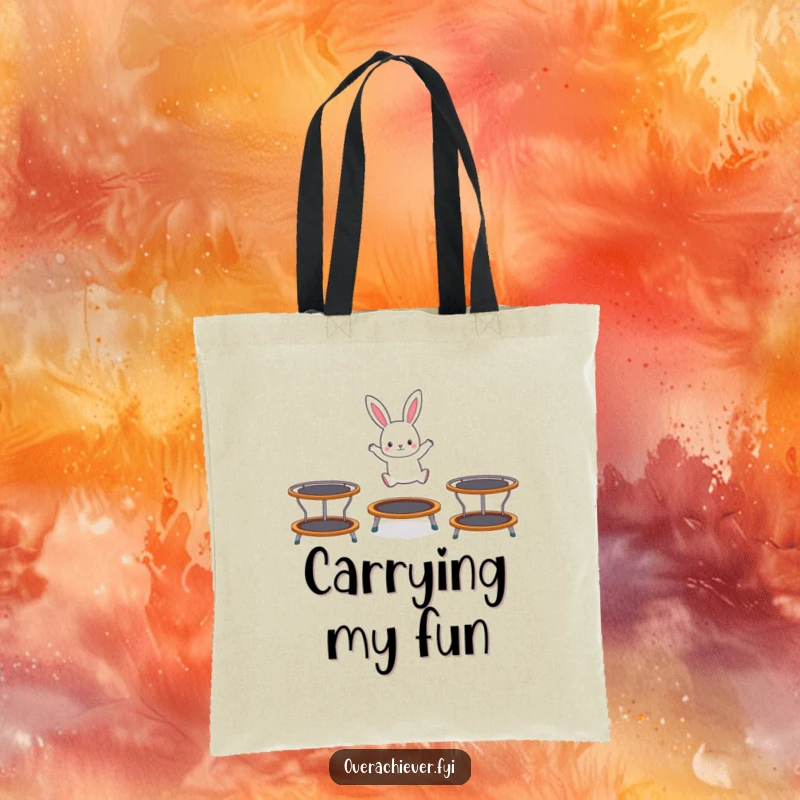 Funny tote bag showcasing a tiny rabbit character hopping on three trampolines at once, a symbol of active fun and enthusiasm.