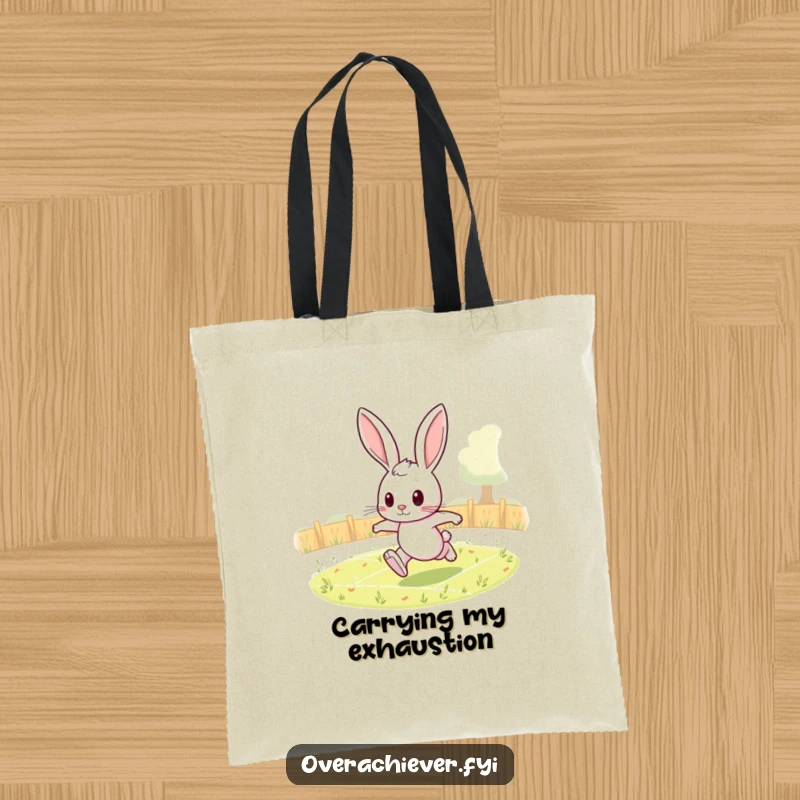 Funny rabbit tote bag with a determined character running endless laps in a field, perfect for gym gear.