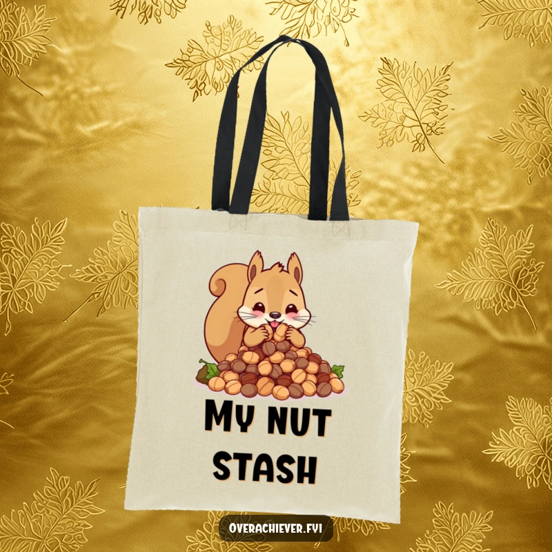 Funny cute squirrel character frantically stuffing an impossibly large amount of nuts, a spacious and humorous tote bag.