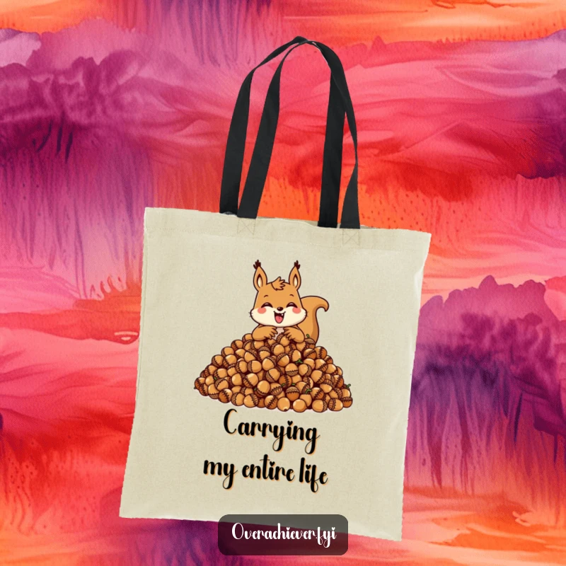 Funny squirrel tote bag showing a happy character greedily hoarding a huge pile of acorns, a spacious and amusing accessory.