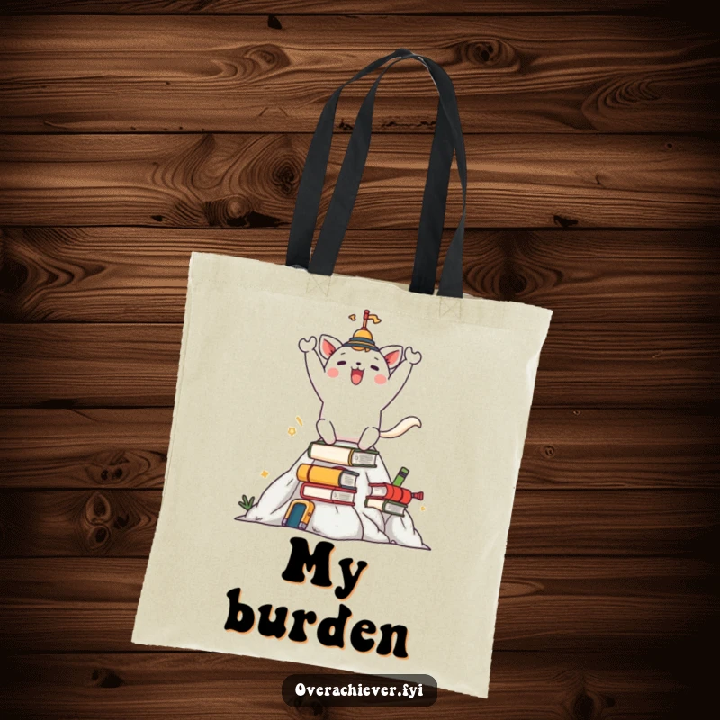 Funny tote bag with a happy animal character celebrating on a mountain of tasks, a humorous and motivational accessory.