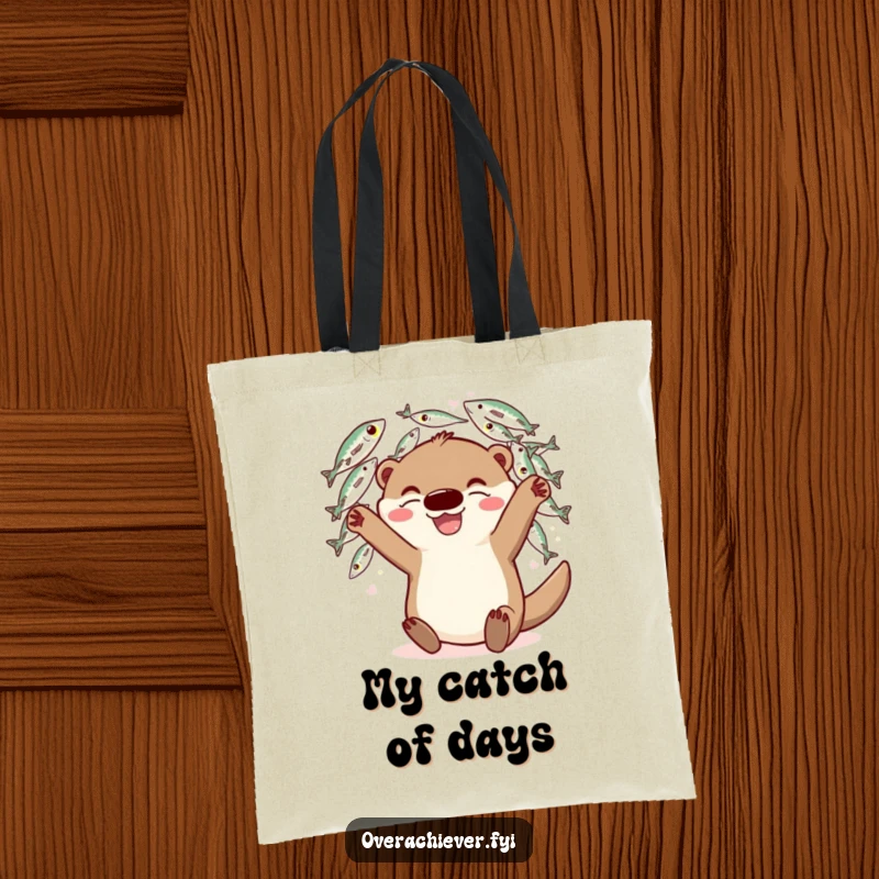 Funny Tote Bag: A grinning otter character juggling fish, ready to carry your belongings with humor.