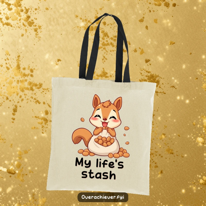 Funny tote bag featuring a cheerful squirrel frantically stuffing nuts into an overflowing pouch, a humorous and functional accessory.