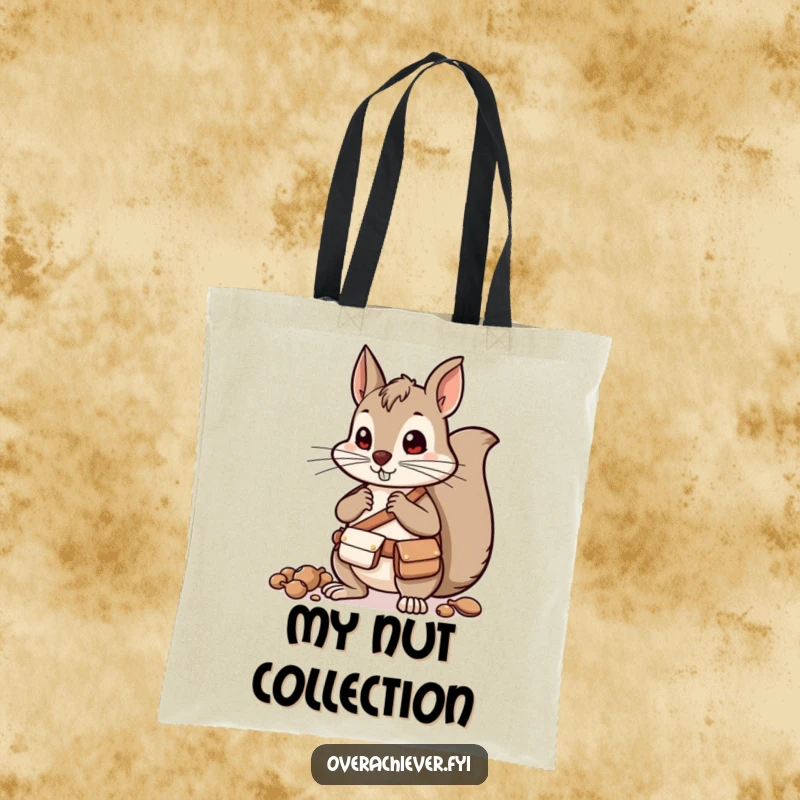 Funny squirrel character wearing a belt with pouches, sorting nuts, a humorous and functional tote bag.