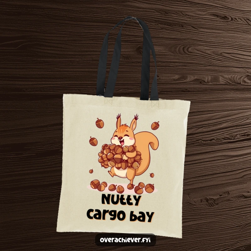 Funny motivated squirrel tote bag, juggling an impossibly large pile of acorns with skill.